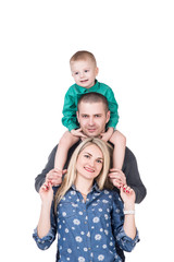 happy family with child smiling on white, isolated
