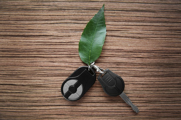 Car key with green leaf on wooden table