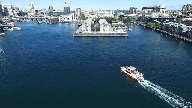 Aerial footage of Darling Harbour Sydney, featuring Sydney CBD, Sydney Ferries (ferry), 