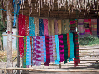 Thai Bamboo bench with colorful hand-woven fabrics