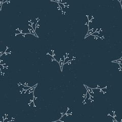 Obraz na płótnie Canvas Vector seamless pattern with hand drawn floral elements. Botanical background in dark blue color and gold dots.