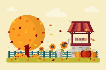 Autumn Landscape with Water Well, Sunflower, Pumpkins, Tree and Leaves. Flat design Style. 