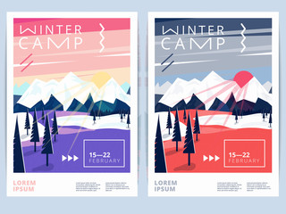 Set of winter hiking camp poster or flyer. Vector snow background