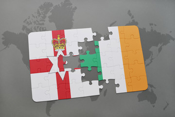 puzzle with the national flag of northern ireland and ireland on a world map background.