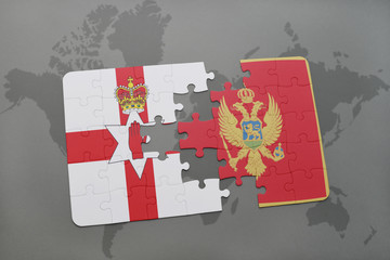 puzzle with the national flag of northern ireland and montenegro on a world map background.
