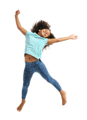 Happy African girl jumping, isolated on white