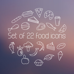 Set of twenty two food icons on blurred background. Outline icons set. Line icon style.
