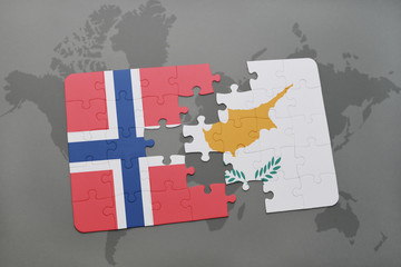 puzzle with the national flag of norway and cyprus on a world map background.