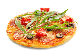 Delicious pizza with olives and arugula, isolated on white