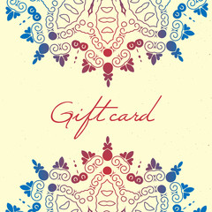 Vector template of gift card with mandala pattern. Card or invitation. Vintage decorative elements.
