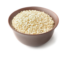 Bowl with white sesame isolated on white
