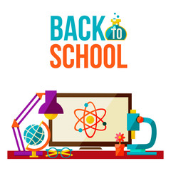 Back to school poster with school education symbols, flat style vector illustration isolated on white background. Start of school season concept, computer microscope lamp globe and glasses