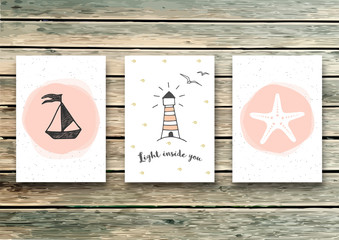Set of vector cards templates in marine style. Elegant invitation card. Greeting card. Light inside you - quote.