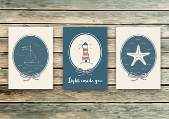 Set of vector cards templates in marine style. Elegant invitation card. Celebration design.