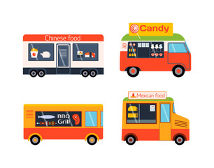 Street food festival color trailers labels set, van restaurant. Cafe urban food truck trailers, mobile market, event and transport. Vector illustration food truck trailers, fast delivery service.