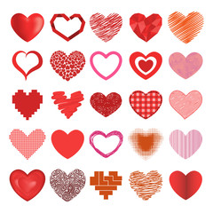 Vector red hearts icons set emotion wedding symbols. Holiday passion heart icons valentine romantic shape design. Romance element red graphic heart icons decoration marriage concept collection.