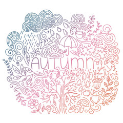 Autumn linear postcard. Multicolor gradient. Doodle fall card with word autumn, floral elements, rain cloud and drops, tree fall, acorn, umbrella, mushrooms, curly lines. Vector illustration.