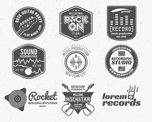 Set of vector music production logo,label, sticker, emblem, print or logotype with elements - guitar, sound recording studio, t shirt, sound production Podcast and radio badges, typography design