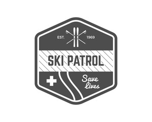 Ski Patrol Label. Vintage Mountain winter sports explorer badge. Outdoor adventure logo design. Travel hand drawn and hipster monochrome emblem. First aid icon symbol. Wilderness Vector