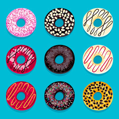 Set of donuts isolated on a blue background.
