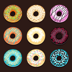 Set of donuts isolated on a brown background.