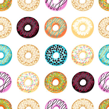 Seamless pattern of colorful donuts.