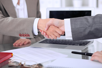 Business handshake. Two women are shaking hands after meeting or  negotiation.