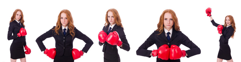 Collage of woman businesswoman with boxing gloves on white