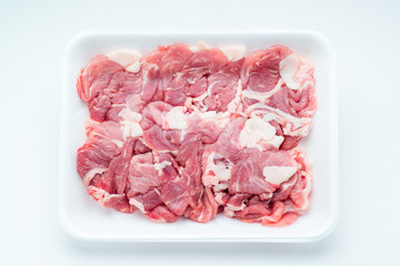 sliced pork in plastic tray
