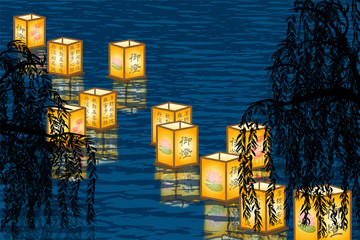 和風ホラー背景　灯籠流し
