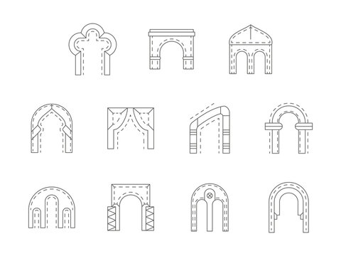 Set of stone archway flat line vector icons