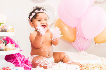 Baby Girl With Cake and Balloons