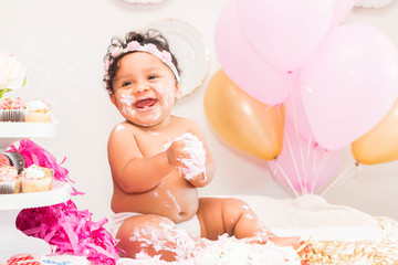 Baby Girl With Cake and Balloons