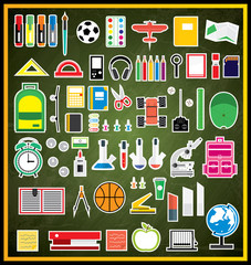 Set of school supplies on green chalk board.