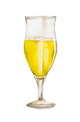 Watercolor beer glass on white background. Concept of bar, pub, beer demonstration and Oktoberfest.