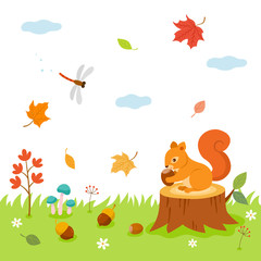 Autumn time  in forest. Cute squirrel and dragonfly, autumn elements.