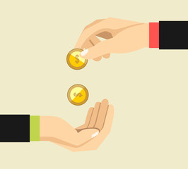 Hand giving gold coin to another hand flat illustration.