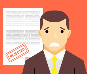 Sad man and rejected application form flat illustration concept.