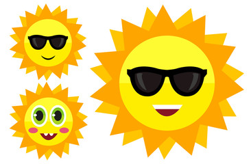 Sun cartoon with different expressions, set sun faces, sunglasses,  icon, illustration, logo, eps, art, jpg.
