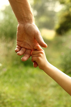the parent holds the hand of a child