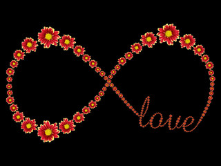 Infinity symbol of red flower and love text isolated on black background. Saved with clipping path