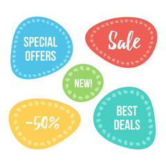 Colorful cartoon style sale tag, label, banner, sticker set, collection isolated on white background.