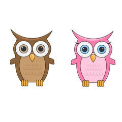 Couple little cute cartoon owls man and woman characters isolate