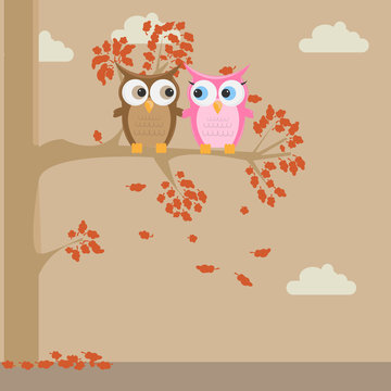 Couple little cute cartoon owls on a tree vector illustration. C