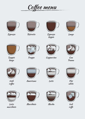 The coffee map or menu infographics in paper cut style. Vector illustration set on light background