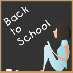 Cartoon young girl with book on a blackboard. Back to school con