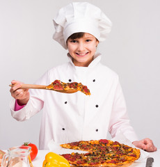 little smiling girl-cook in uniform with big pizza 