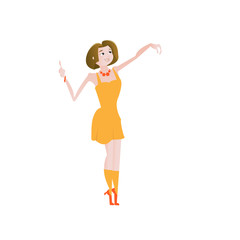 Cartoon happy beautiful woman with pointing up gesture and take