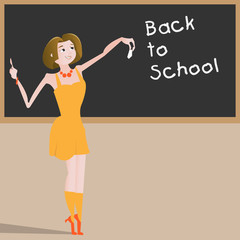 Cartoon young beautiful woman teacher near blackboard. Back to s