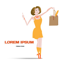 Cartoon beautiful smiled woman with fresh food bag vector illust